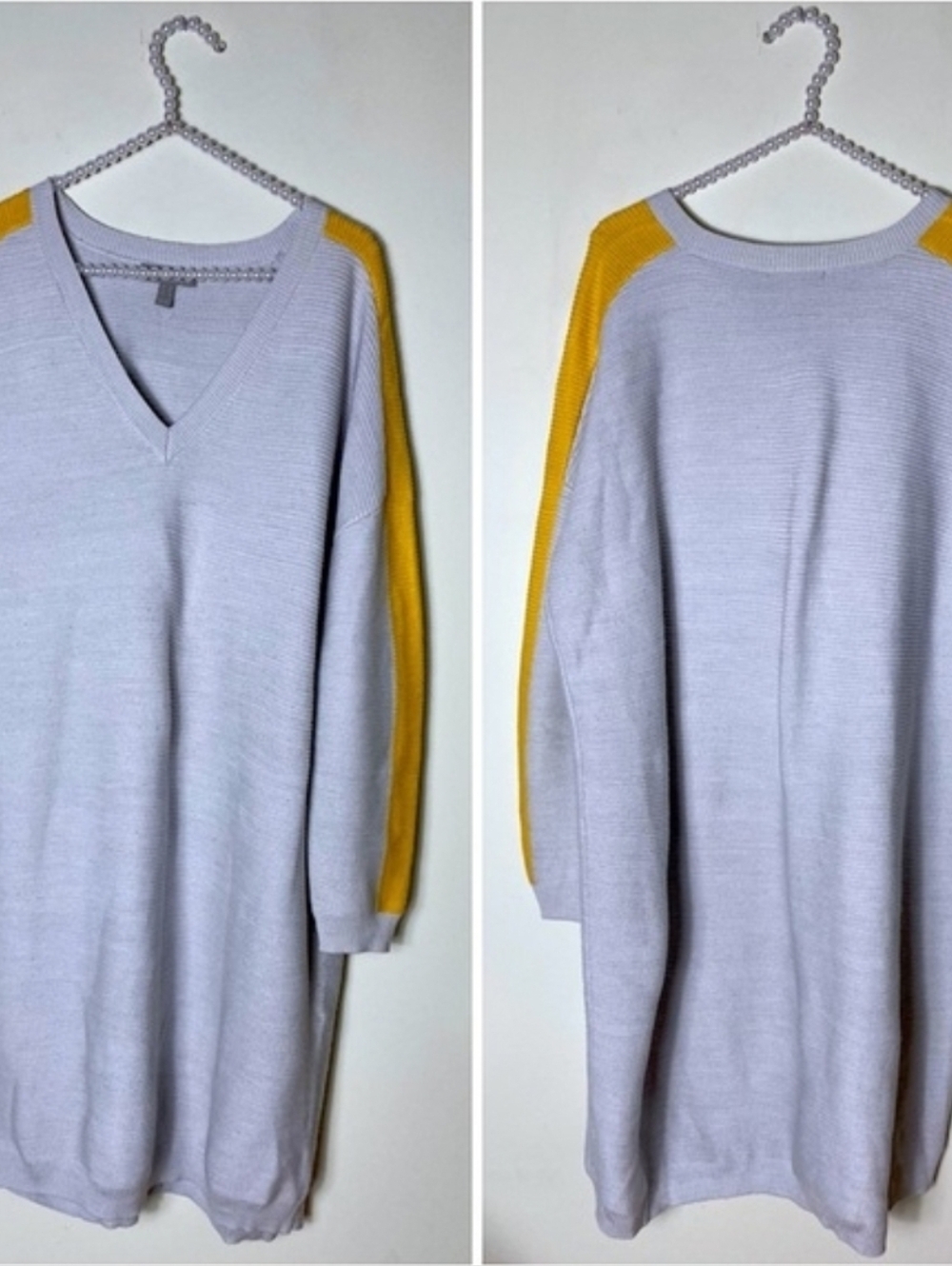 V-Neck Knit Sleeve Stripe Dress in White and Yellow - Picture 4 of 10